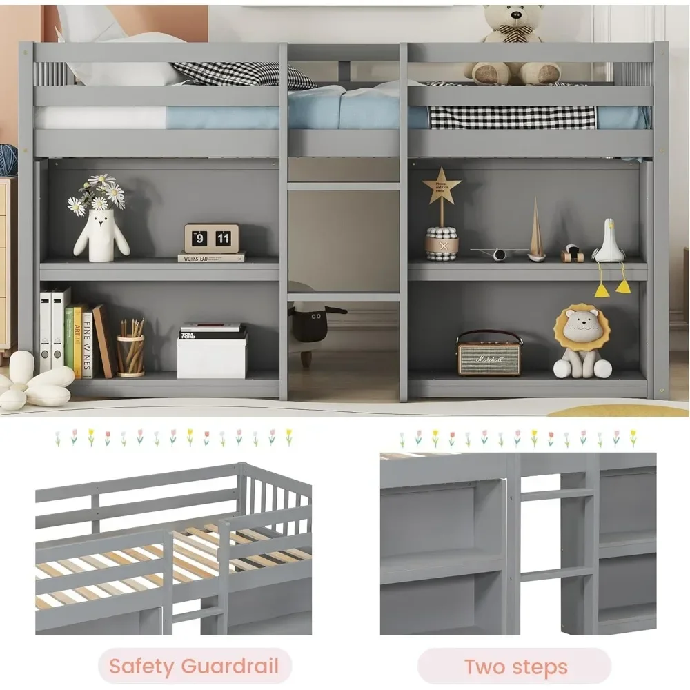 Twin Size Low Loft Bed with Storage Shelves, Wood Kids Twin Loft Bed with LED Light and Shelves,Low Loft Bed for Kids,Boys Girls