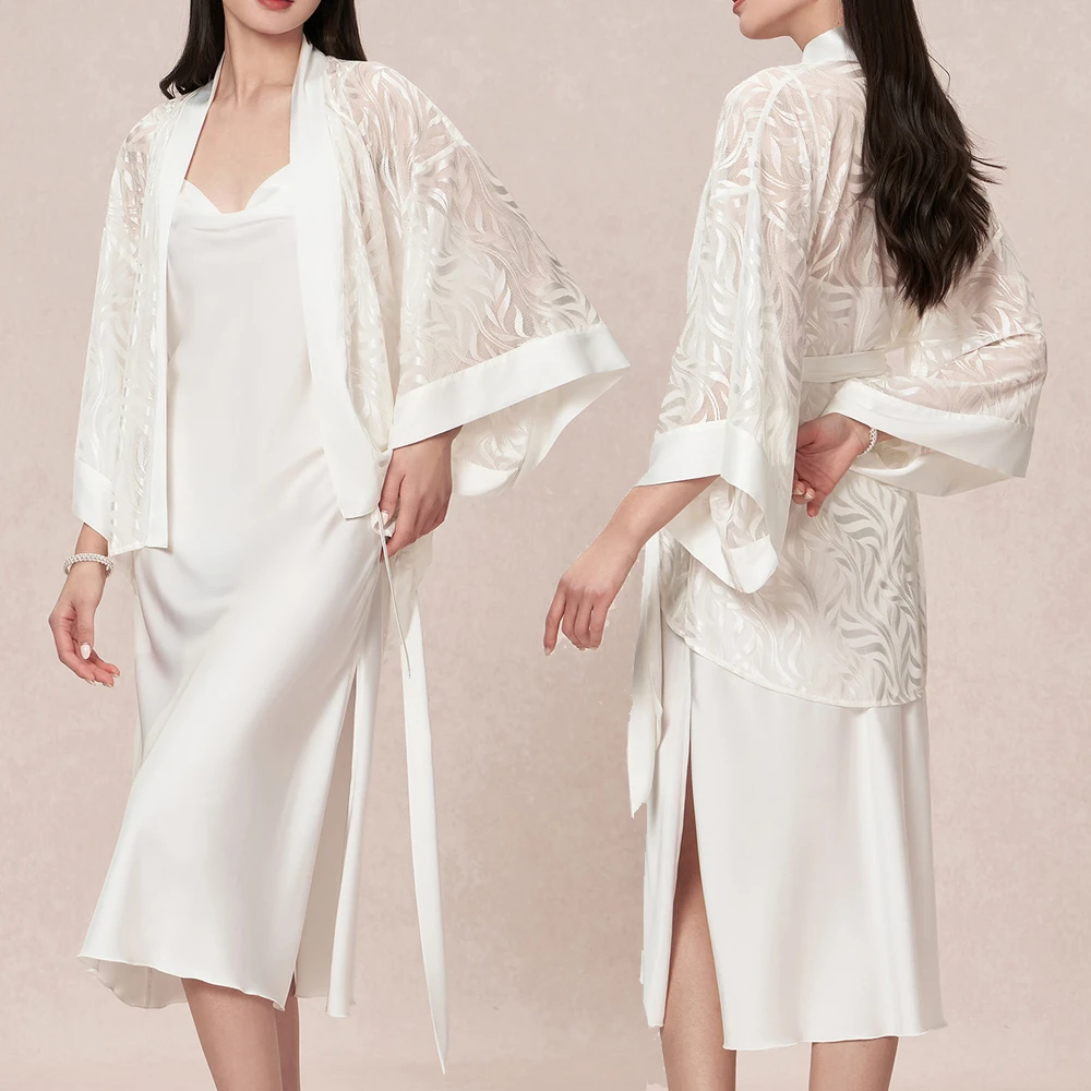 Luxury Female Satin Chiffon Robe Pajamas Set Sexy Lace Perspective Bathrobe Pijamas Suit Lingerie Summer New Homewear Loungewear