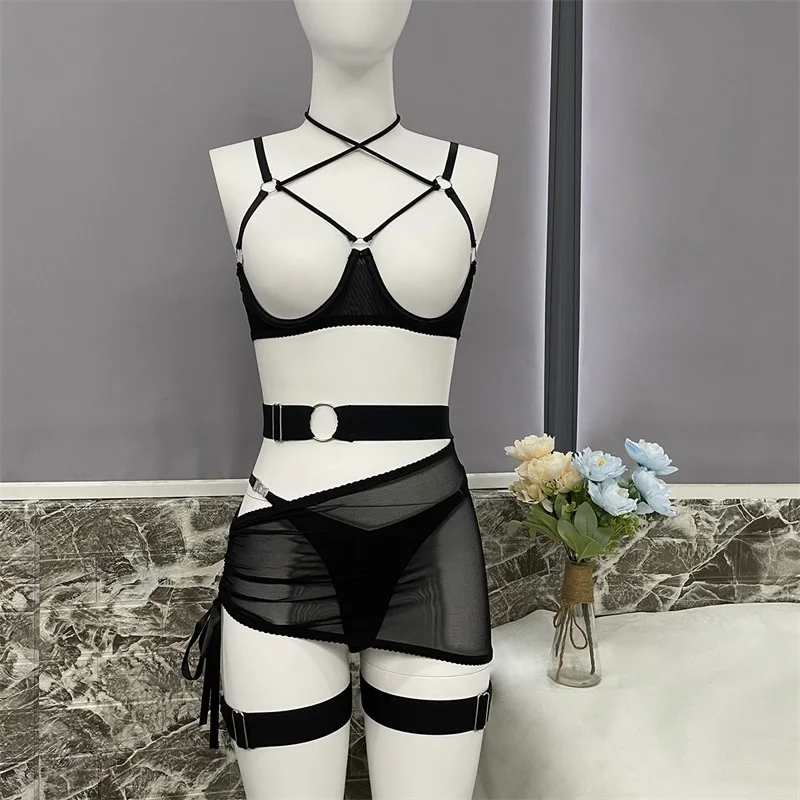 Aduloty Women Lingerie Fashion Bra Straps Cross Hanging Neck Sexy Mesh Half Skirt Hollow Perspective Out Erotic Underwear Set