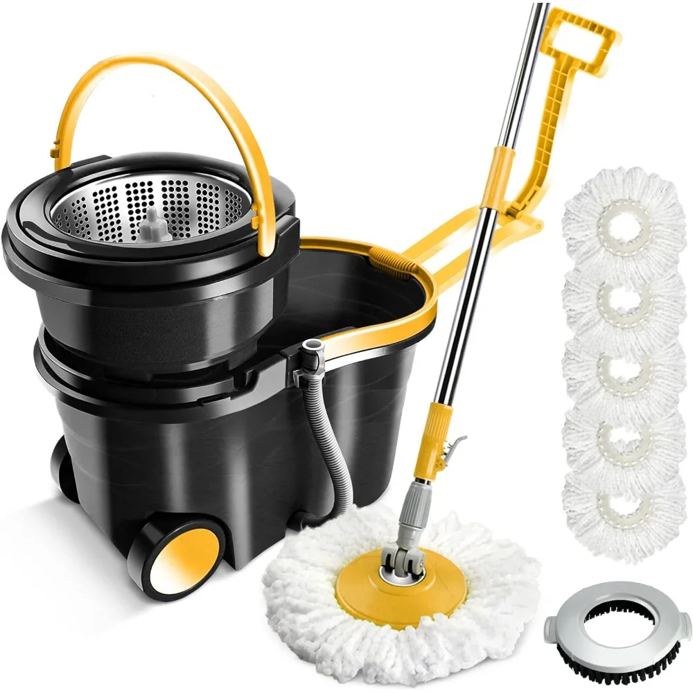 

Spin Mop Bucket with Wringer Set, Floor Mop with 2 Wheels, 5 Microfiber Washable Mop Refills, 1 Floor Brush