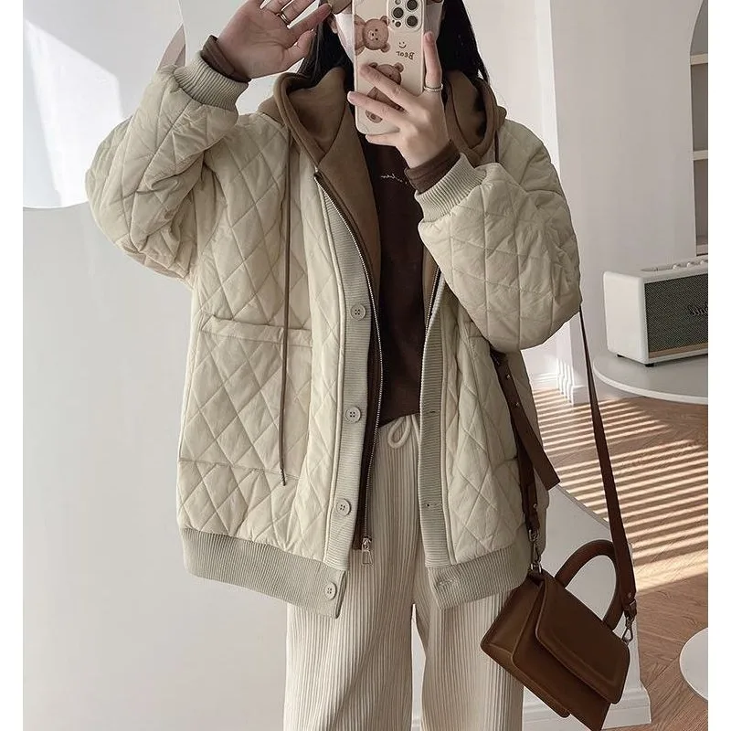 Women's Clothing Autumn Winter Warm Cotton Jacket Quilted New Fashion Patchwork Faux Two-piece Thicken Cotton Coat Comfortable