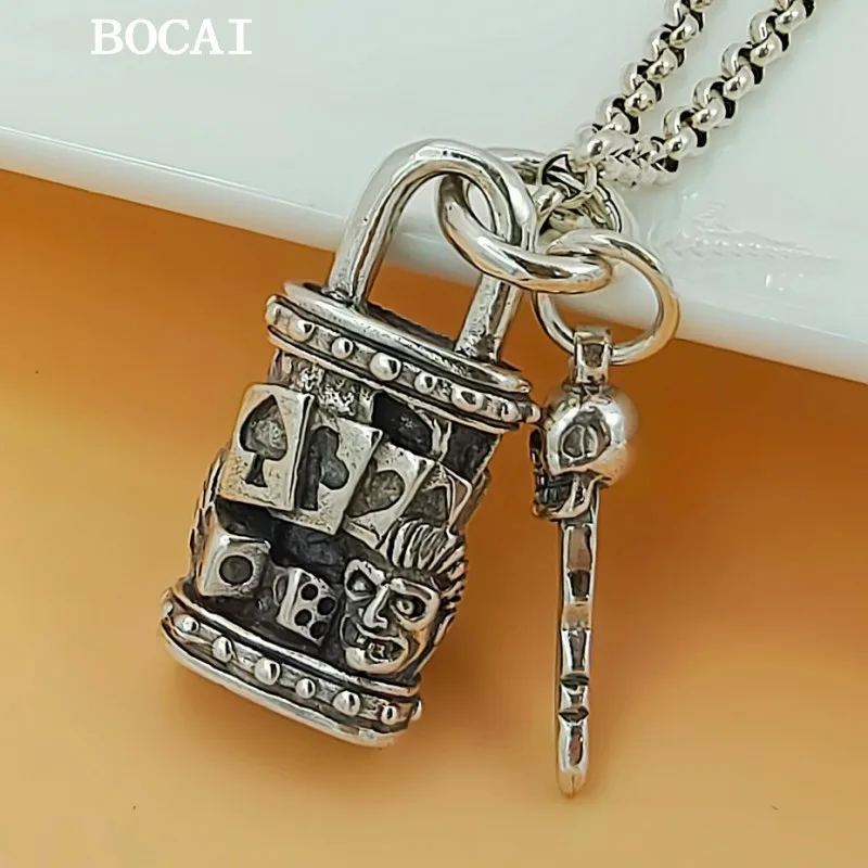 BOCAI New S925 Sterling Silver Vintage Precision Punk Skull Key Lock Pendant Men's and Women's Gift