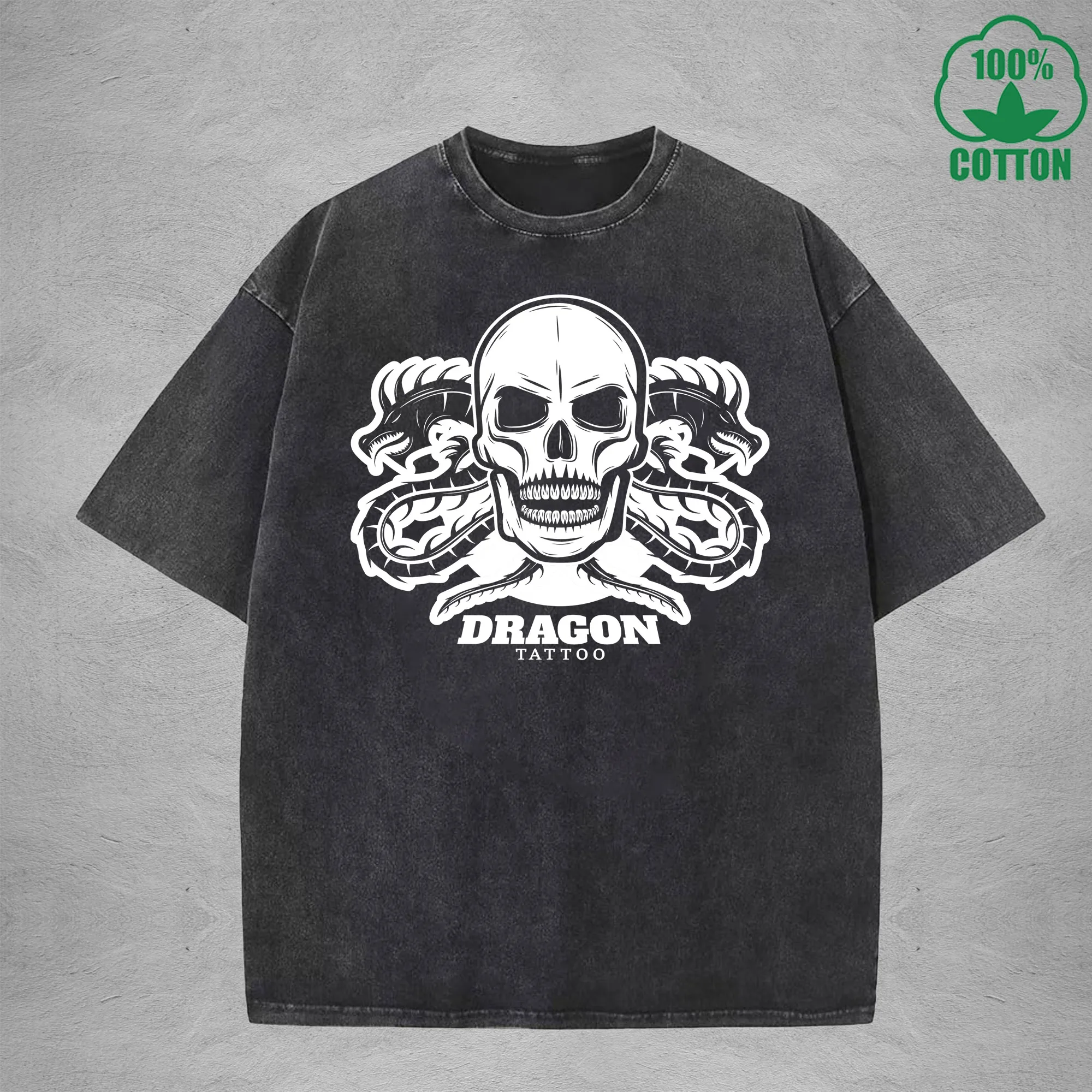 Dragon Tattoo Interest Printed Washed T-Shirt 230G Multicolor Loose Trendy Fashionable Cotton Short Sleeve Top