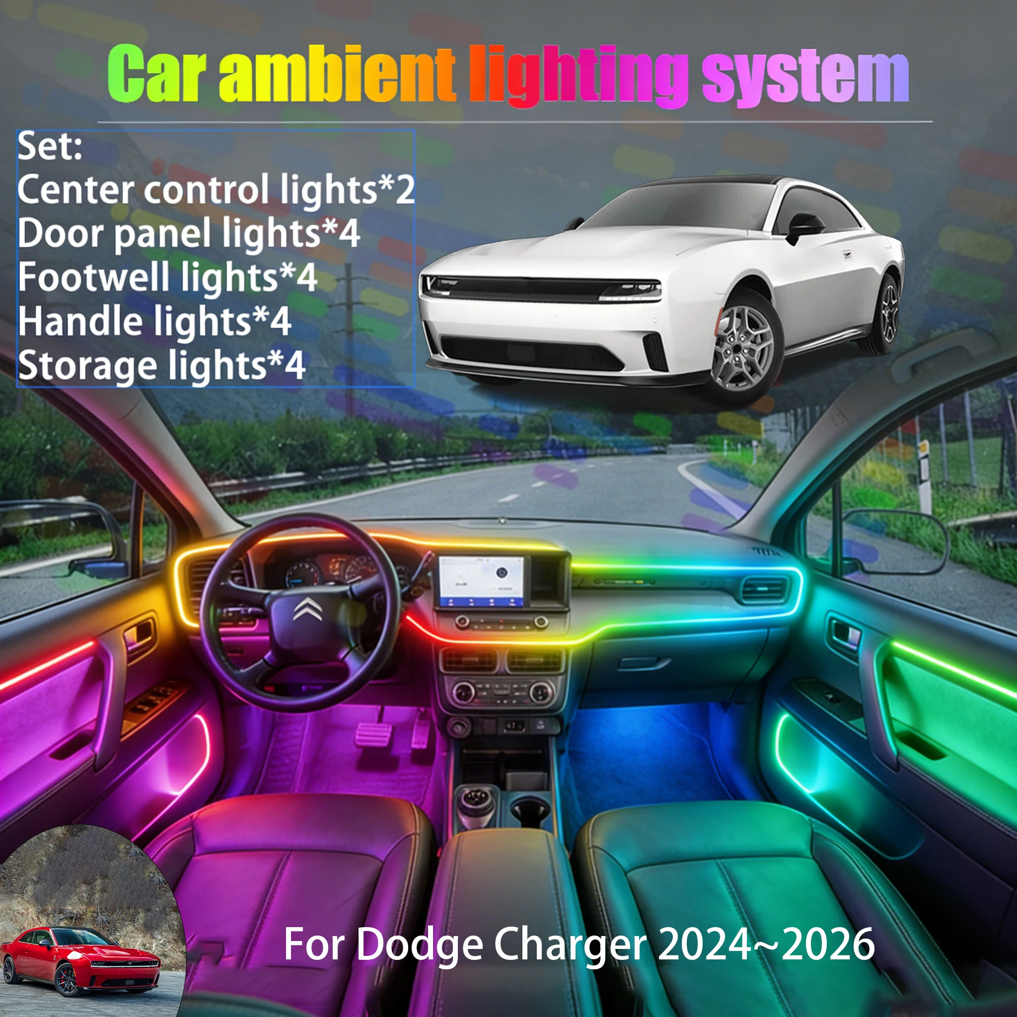 

Для Dodge Charger 2024~2026 MK8: Комплект светодиодной подсветки салона и багажника 2/18 в 1, USB RGB, с эффектом бегущих огней, автозапчасть