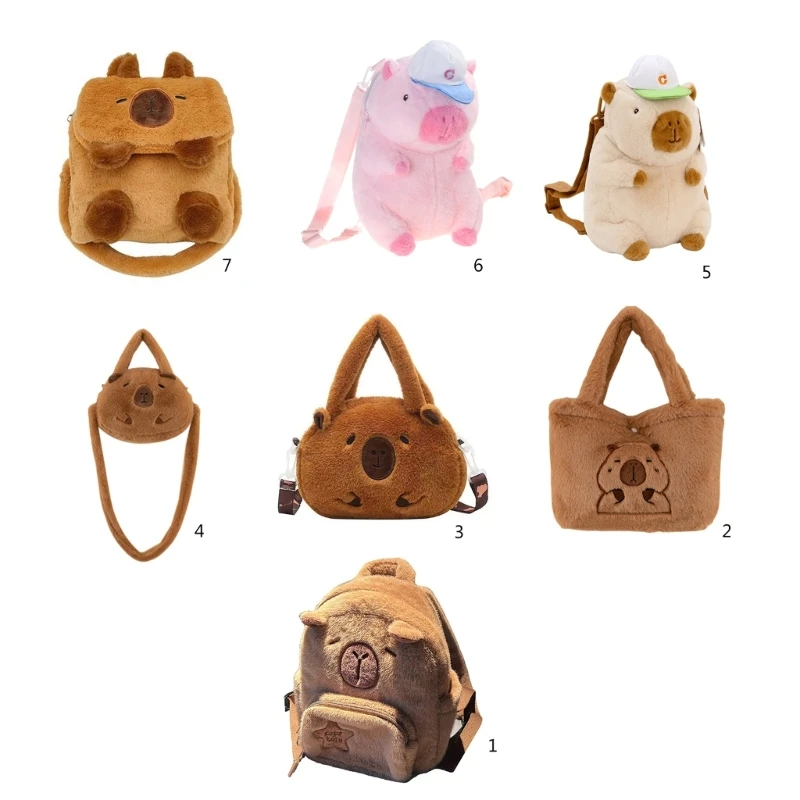 Cartoon pluche Capibara dierenrugzak voor tieners Meerdere zakken Student Schooltas Crossbody schoudertas met ritssluiting