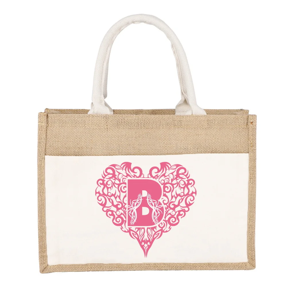 Jute Bag Women's Shopper Bags Canvas Tote Bags Love Letter Pattern Series Eco Portable Fashion Merch Shopping Bags