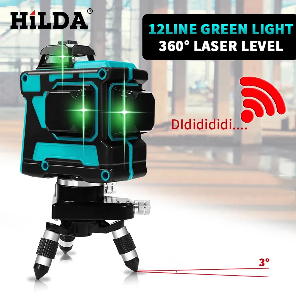 HILDA Laser Level 12 Lines 3D Level Self-Leveling 360 Horizontal And Vertical Cross Super Powerful Green Laser Level