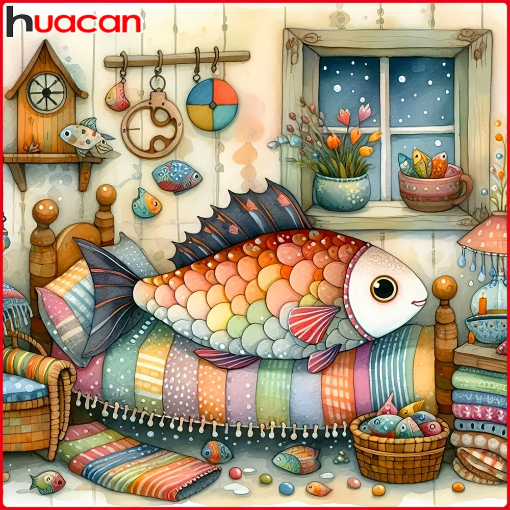 Huacan 5D DIY Diamantmalerei Fisch-Zimmer Diamant-Mosaik Tier-Landschaft Neue Kollektion Dekorative Gemälde