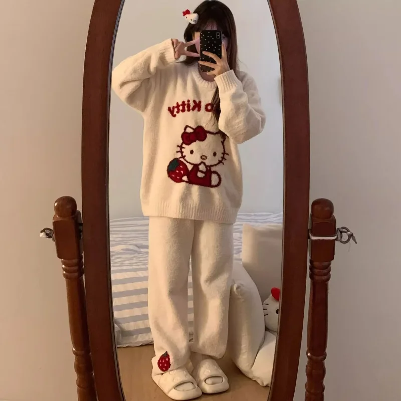 Sanrio hello kitty inverno feminino coral fce pijamas define kawaii anime longo sve calças compridas roupas quentes para casa pode ser usado fora