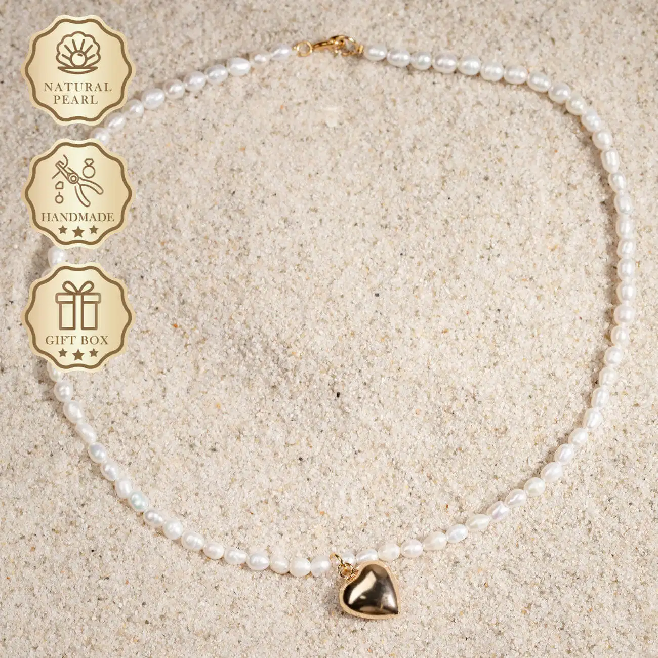 

MYSOYA White Rice Baroque Freshwater Pearl Necklace 4–5mm with Gold Heart Pendant, Gift Box, Birthday & Anniversary Gift