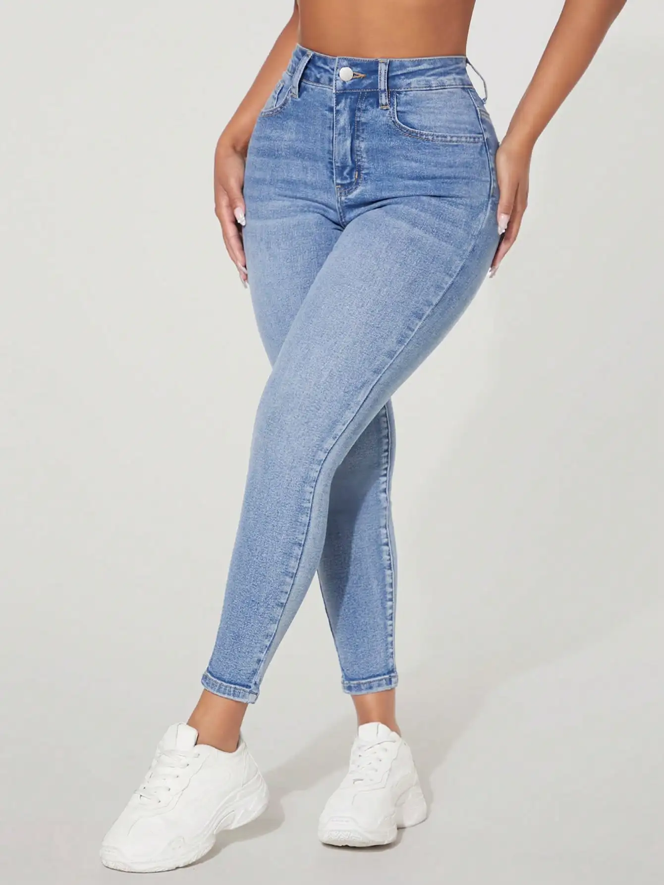 

High Waisted Skinny Stretch Denim Jeans with Button Detail, Y2K Style, Autumn Winter Thickened
