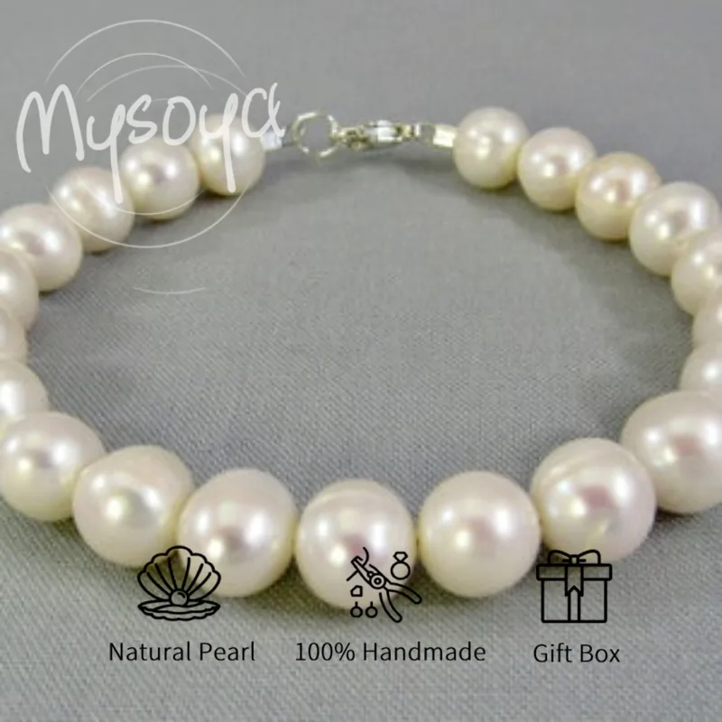 

MYSOYA White Freshwater Pearl Bracelet 8-9mm With Gift Box For Her/Him Birthday/Wedding/Christmas/New Year/Anniversary Gift