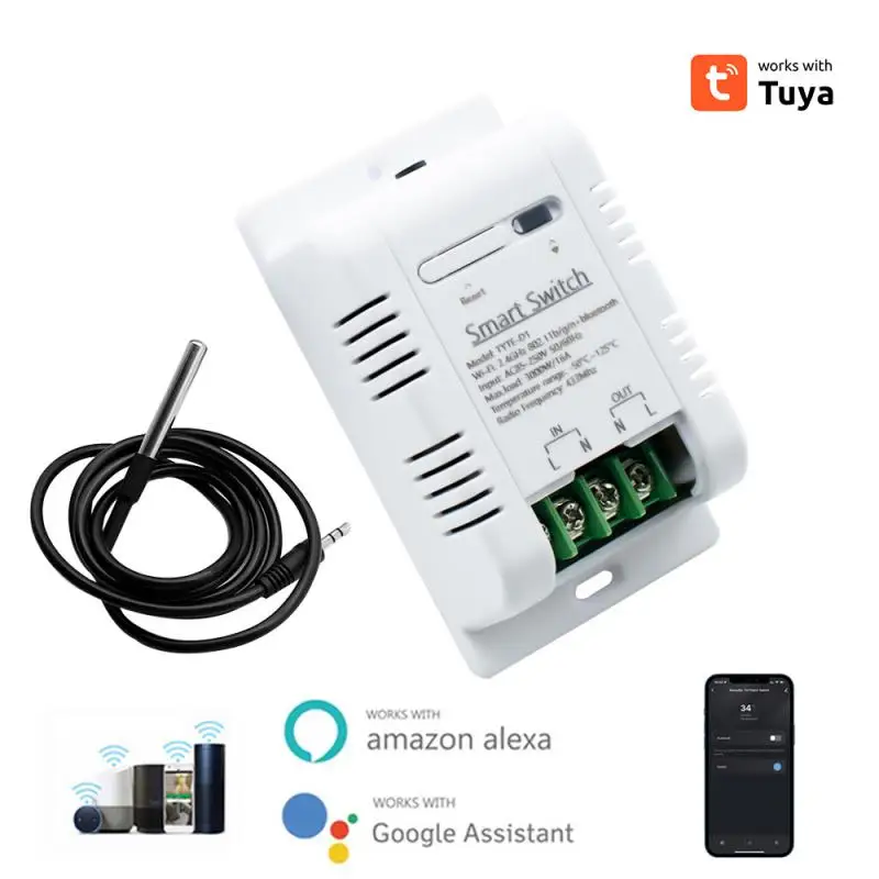 Tuya Wifi 16A Smart Temperature Humidity Switch Power Monitor With Thermostat Probe Sensor For Fish Tank Greenhouse Warehouse