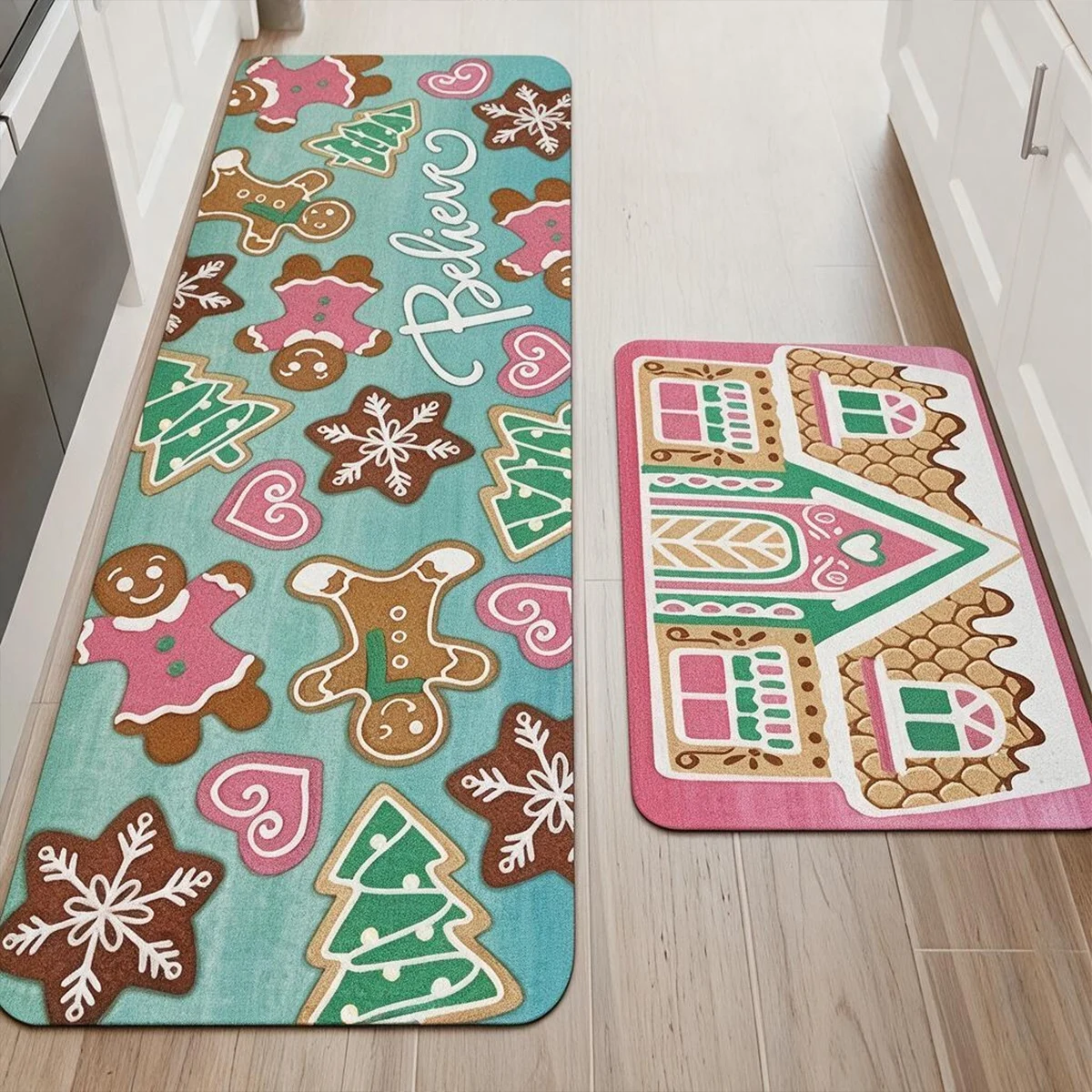 Christmas Kitchen Mat with Penguin Print Square Plush Flannel Rug Non Slip Water Absorbent Decorative Floor Carpet