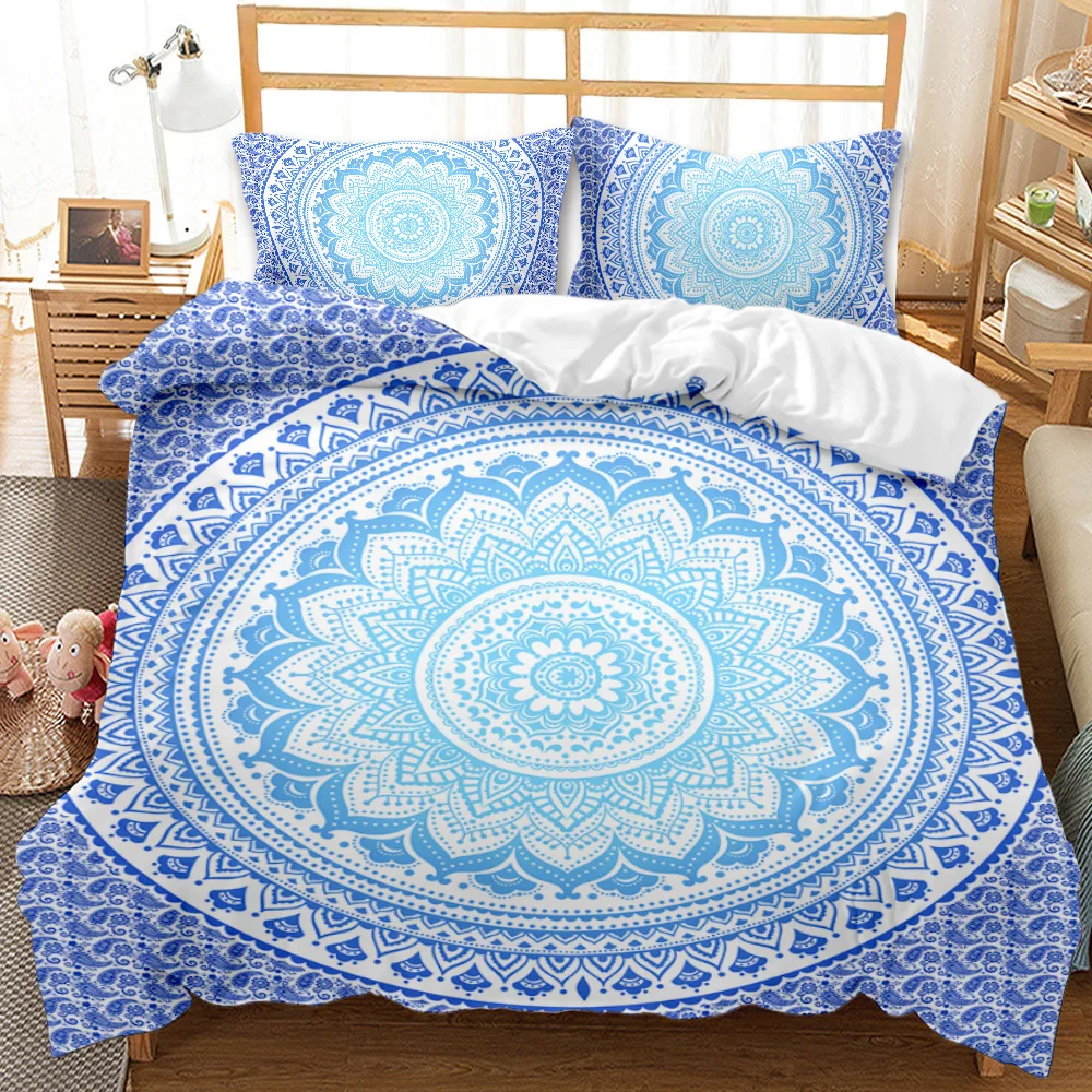 Bohemian Mandala Duvet Cover Set Twin Queen King Full Size,Blue Boho Chic Microfiber Bedding Set for Boys, Girls, Kids and Teens