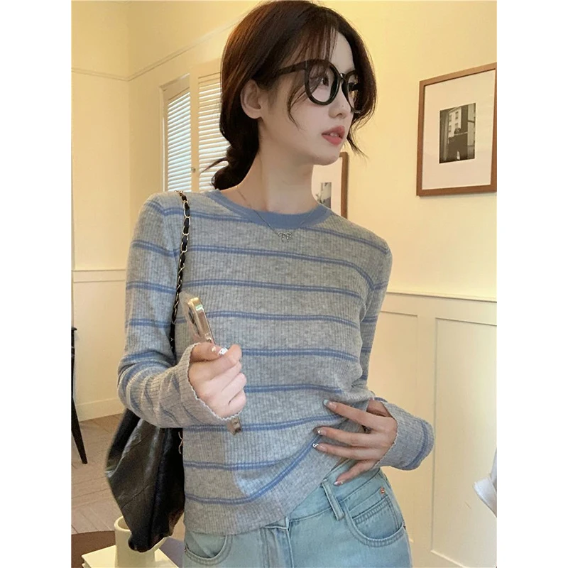 

plus Size 300 Pounds Women's Sweet Striped round Neck Long Sleeve Knitwear Autumn Versatile Base Layer Shirt Trendy Commute S...