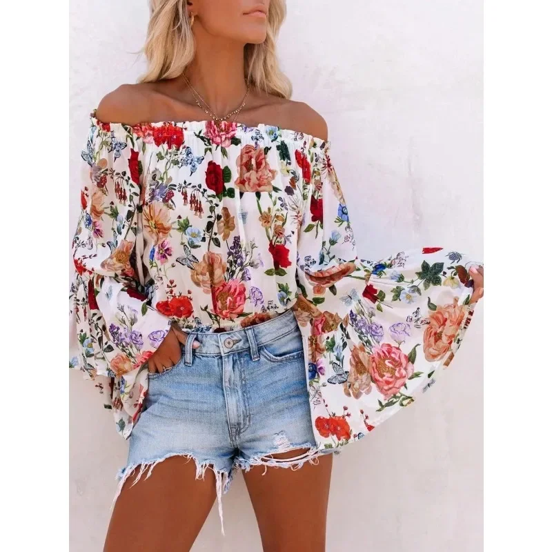 

Плюс размер 1XL-5XL, женская модная рубашка с открытыми плечами, блузка с цветочным принтом, праздничная вечеринка, женская рубашка с длинными рукавами
