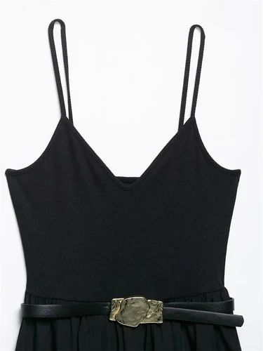 Imagen 2 del producto Vestido sin mangas con cinturón a juego Temperamento Elegante diseño patchwork Cuello en V Vestido Midi Casual Estilo Vacaciones Mujer