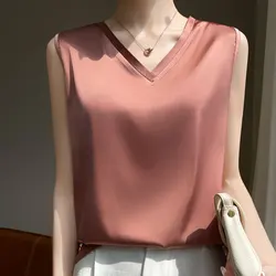 2024 New Spring/Summer Solid Color Suspended Tank Top for Women's High end Silk Drop Feel Versatile Satin Sleeveless Fashion Top