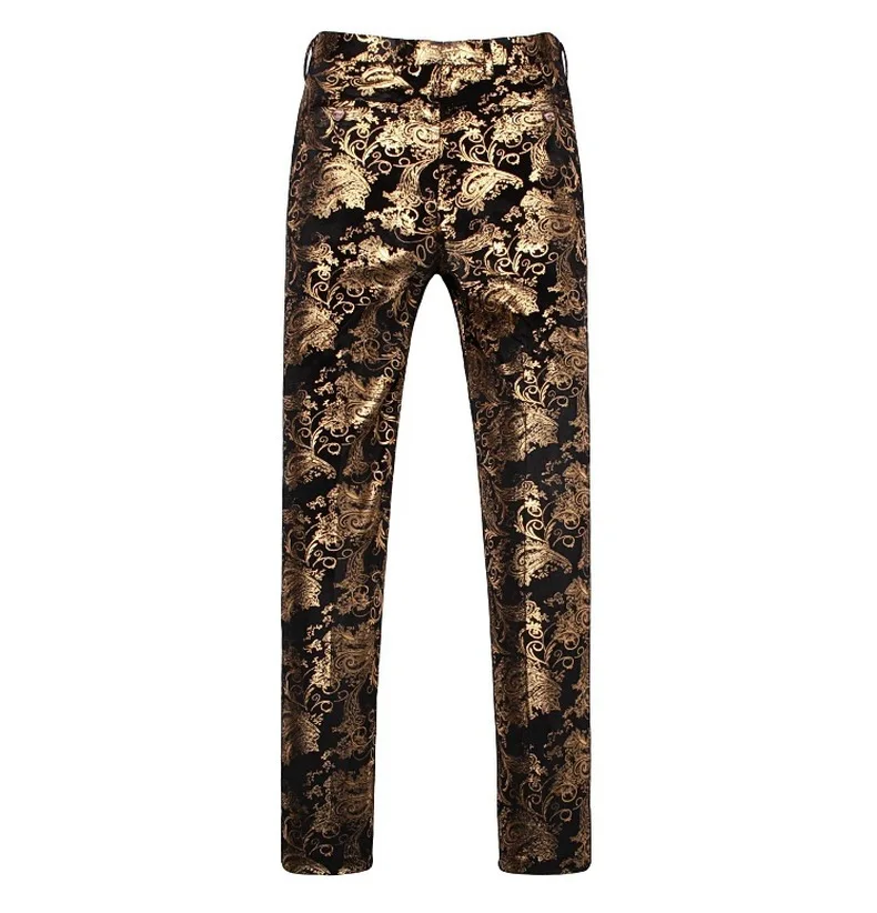 Mens Luxury Gold Stamping  Floral Dress Pants Casual Flat Front Expandable Waist Trousers Men Party Wedding Prom Pantalon Homme