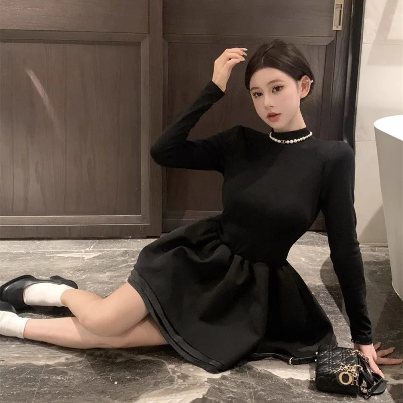 Damen Schickes Mock-Neck Minikleid Einfarbiges Schwarzes Langarm-Kleid für Frauen Tägliches Premium Elegantes Schlichtes Kleid