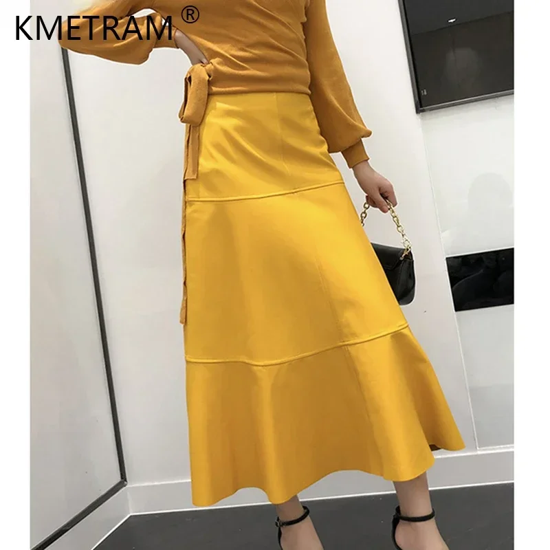 

100% Genuine Leather Super Long Skirt Flared Dress Women High Waist Simple Stitching Saia Longa Feminina Sheepskin Jupes Longues