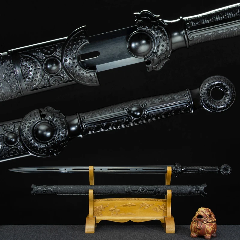 Functional Chinese Tang Sword High Manganese Steel Blade Real Full Size Sharp Ready Battle Dragon Swords Black Samurai Katanas