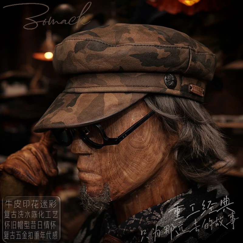 Handmade Trendy Men's Leather Motorcycle Hat Heavy Industry Camouflage Cowhide Colonel Flat-Top Cap Young Women Peaked