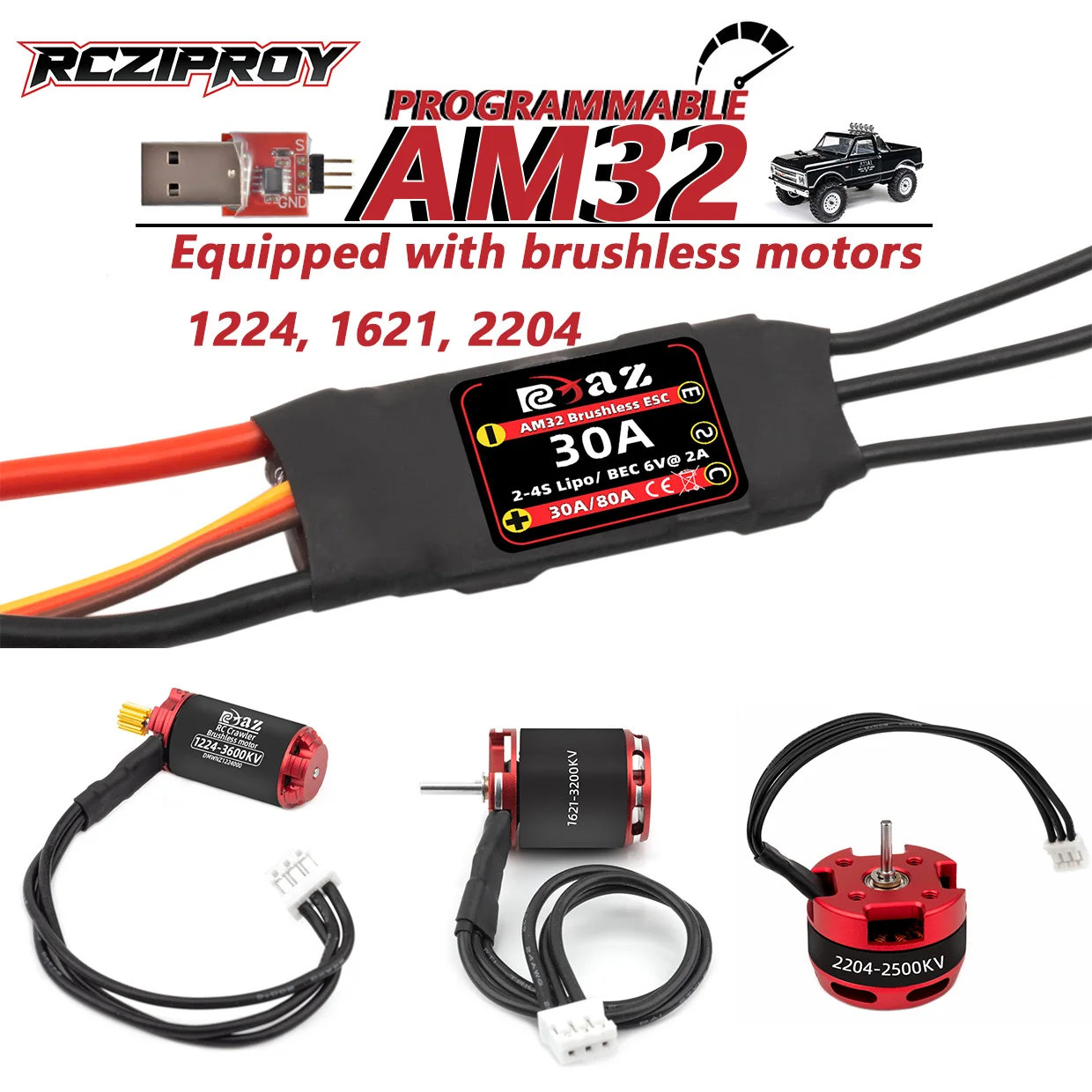 

AM32 30A Brushless ESC with 1224 1621 2204 Brushless Outrunner Motor for 1/18 1/24 RC Tracked Car Axial SCX24 TRX4M WPL Traxxas