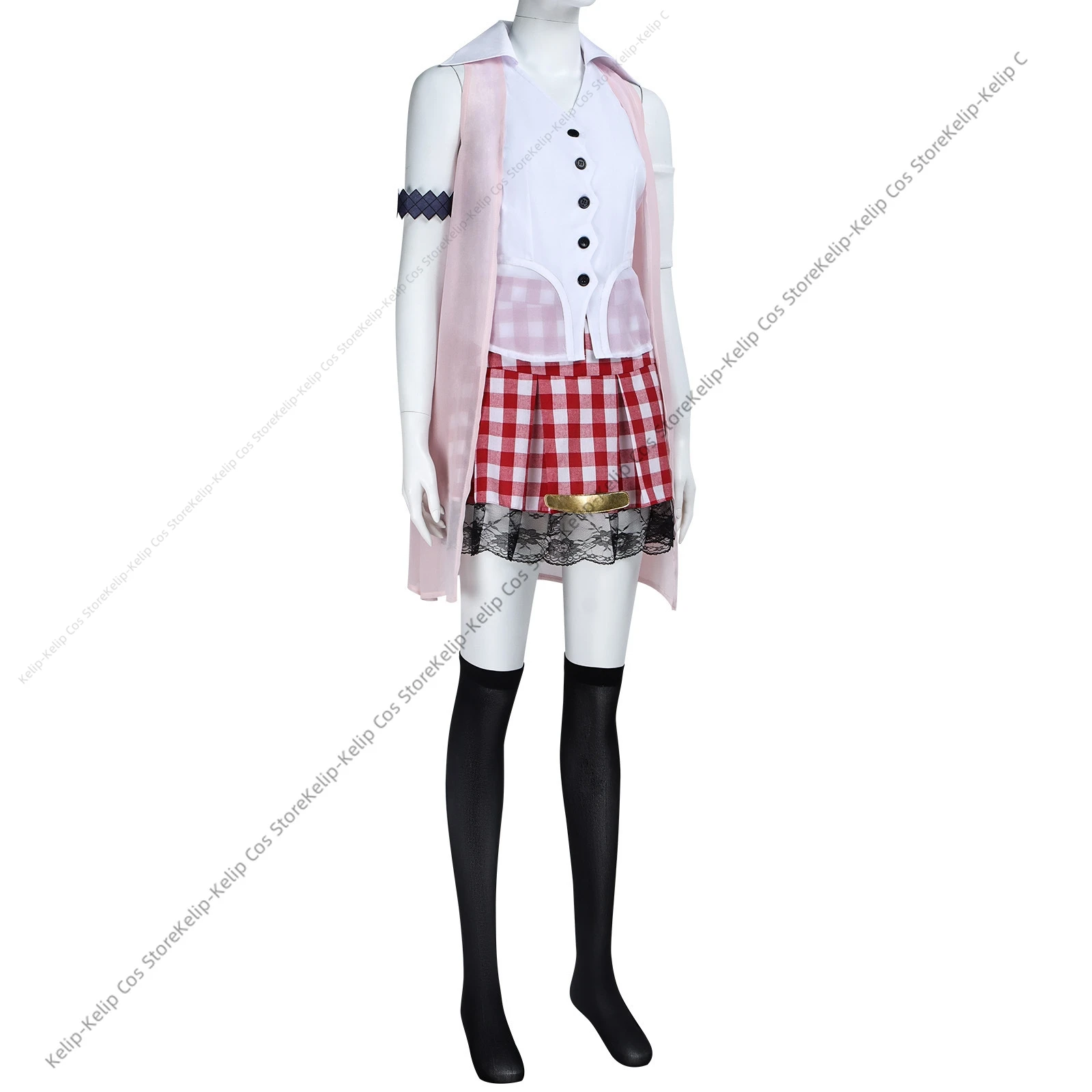 Farron Cosplay Costume Pink Shawl Grid Skirt Wig Adult Woman Sexy Cute Daily Leisure Suit view 3