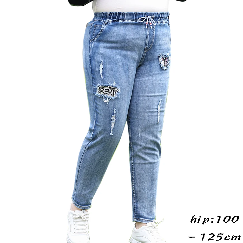 

High quality jeans for women plus size stretch fabric embroidery ripped washing elastic waist cotton denim trousers - blue black