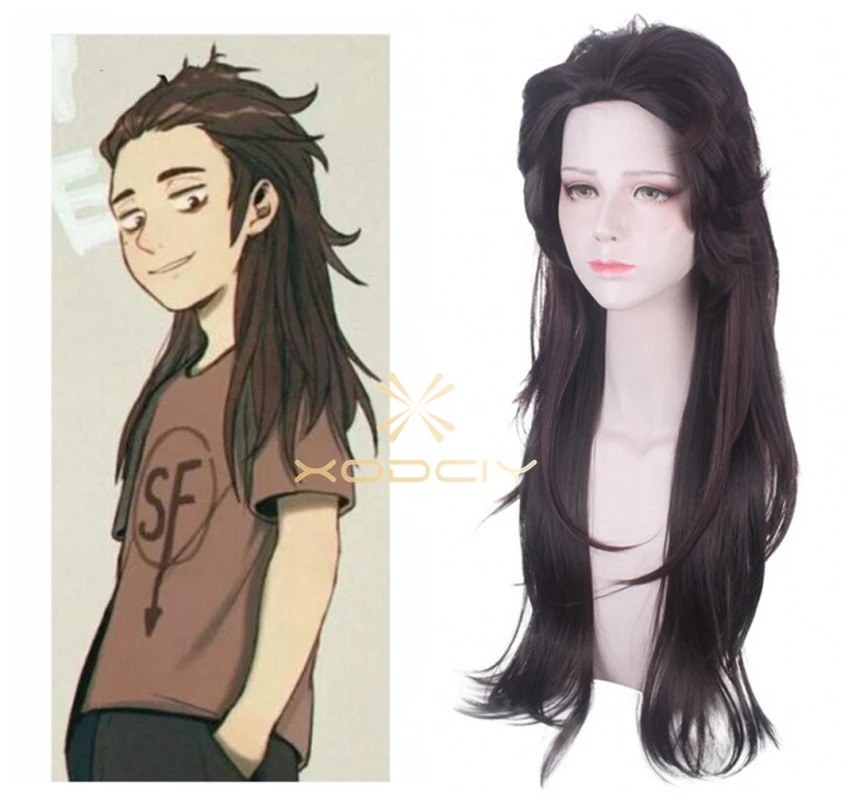 Gra Sally face Sallyface Larry peruka do cosplay 70cm długa, wycięta brązowa mieszana żaroodporna peruka do włosów + czapka z peruką
