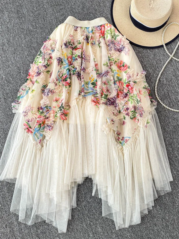 Elegant French Retro Beaded Sweet Printed Gauze Korean Floral A-line Skirt Women's Summer High Waist Irregular Princess Skirts