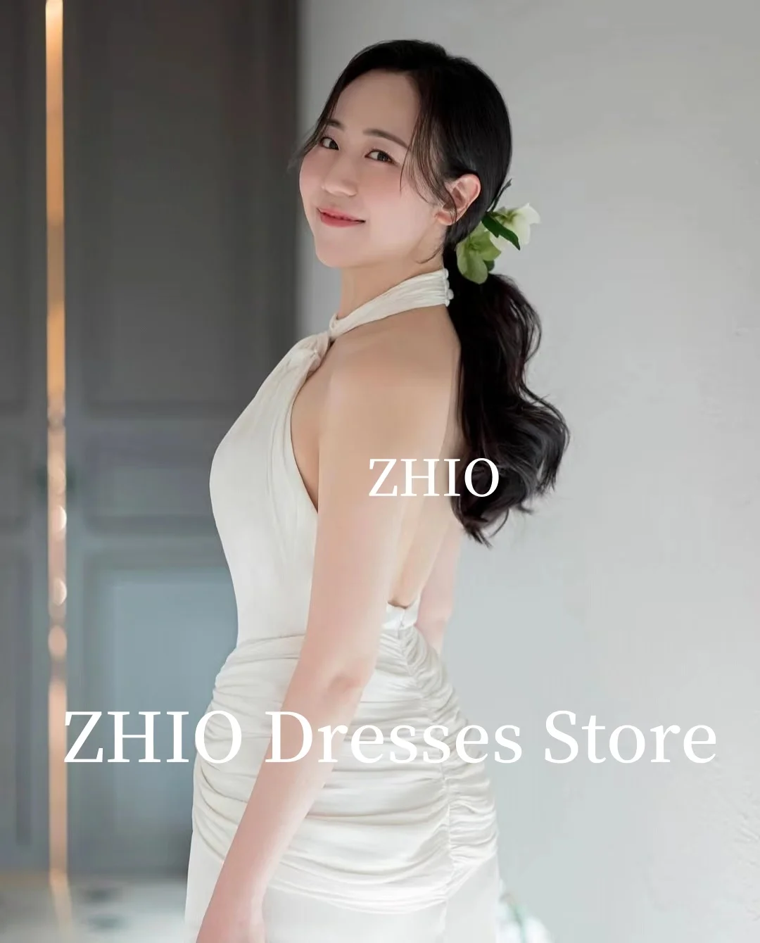 ZHIO Elegantes Hochzeitskleid, Neckholder, Ausschnitt, rückenfrei, Falten, bodenlang, formelles Anlasskleid, Korea, Fotoshooting, individuell