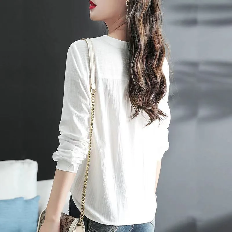 100% Cotton White Long-sleeved Shirt For Women 2024 Spring And Autumn New Fashion Loose Embroidery NationFal Style V-neck Blouse