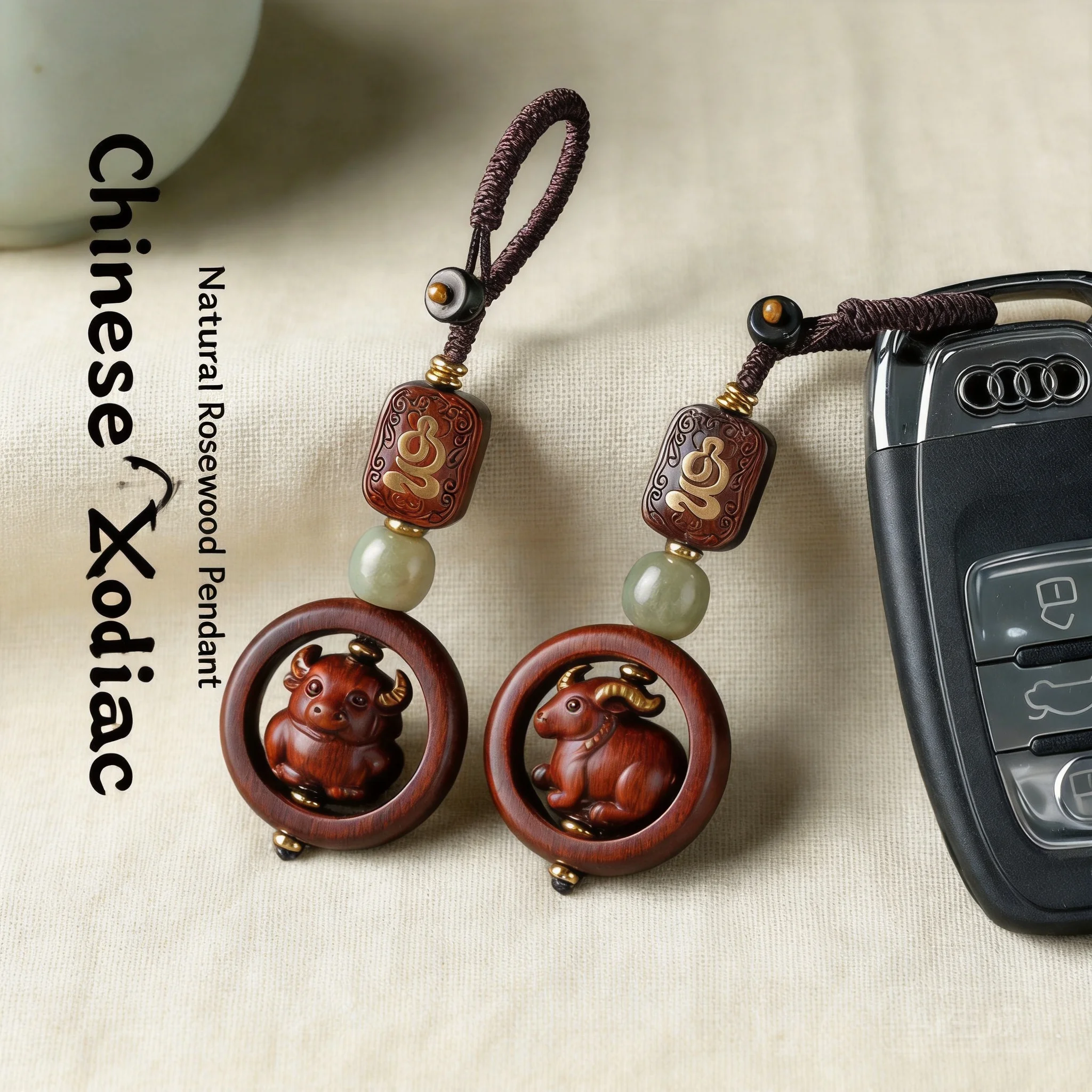2026 Retro Chinese Zodiac Key Chain Car Hanging Ornament Red Sandalwood Hetian Jade Suitable For Couple Daily Use Ideal Small