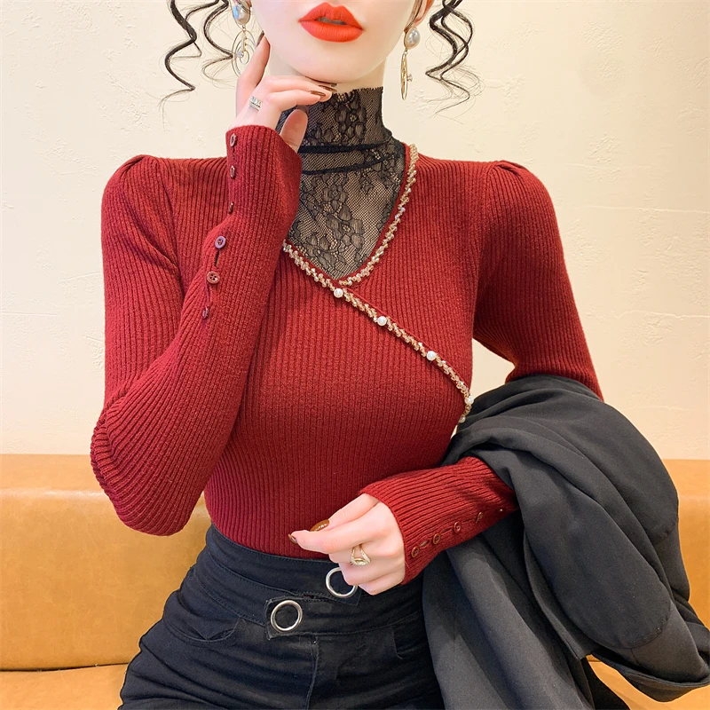 

2025, новинка, европейская, одежда, вязаный, свитер, женский, модный, сексуальный, искусственные две штуки, пэчворк, кружево, блестящий, бисер, длинный рукав, топы, 51017