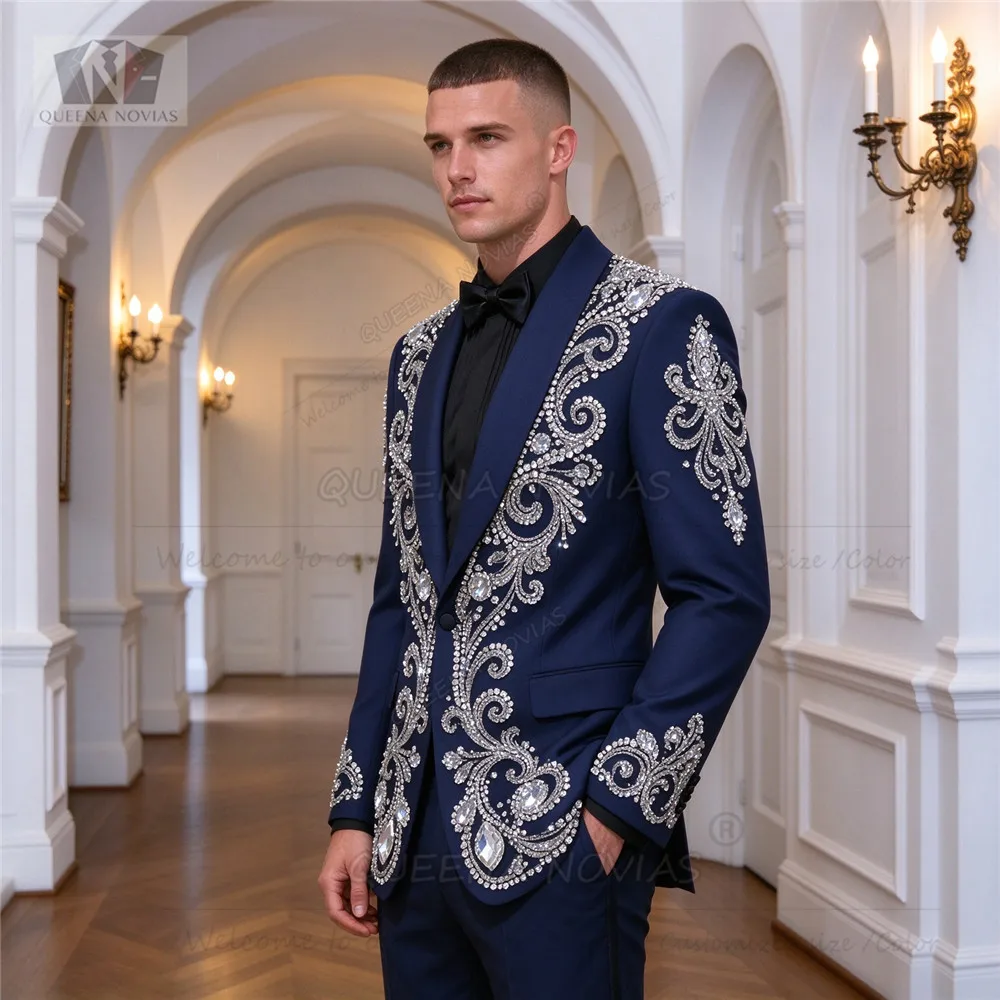 Luxury Men's Suits For Wedding Sparkly Beaded Stones Groom Prom Blazer Pants 2 Pieces Male Fashion Business Party Tuxedo Attire