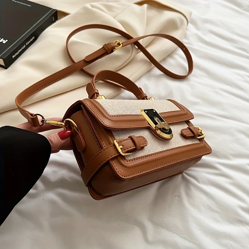 حقائب كروس كلاسيكية للنساء بألوان متباينة من جلد البولي يوريثان، حقيبة كتف ريترو، حقيبة يد عصرية وحقيبة محفظة #5