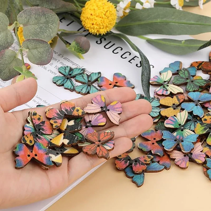 50Pcs Butterfly Wooden Button Mixed Butterfly Buttons with 2 Holes Decorative Buttons for Sewing Craft DIY Clothes Accessories