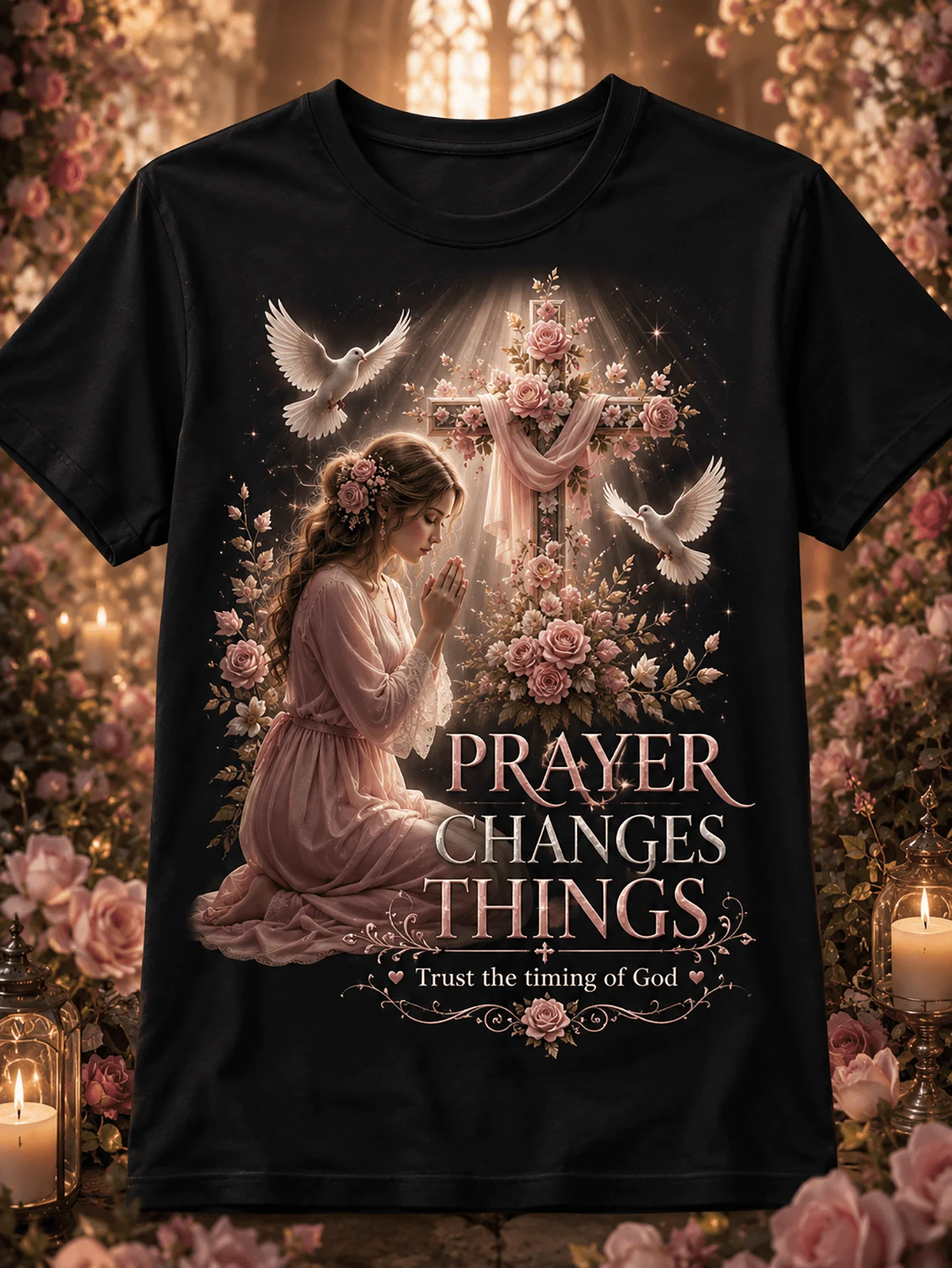 Prayer Changes Things T-Shirt Suitable for Women & Men, Christian Faith Apparel with Floral Cross Angel, Trust the Timing of God Religious Gift, Round Neck Casual Church Wear, Machine Washable Unisex Tee