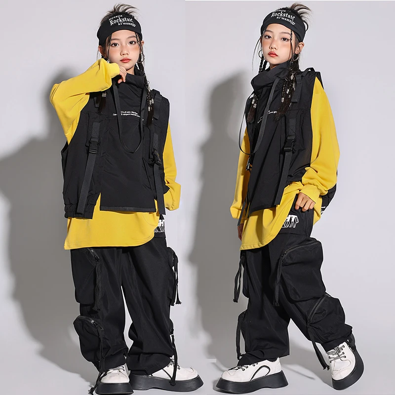 

Hip Hop Dance Outfit Girls Sleeveless Jacket Black Pants Yellow Top Jazz Street Dancewear Children Stage Clothes Streetwear 2608