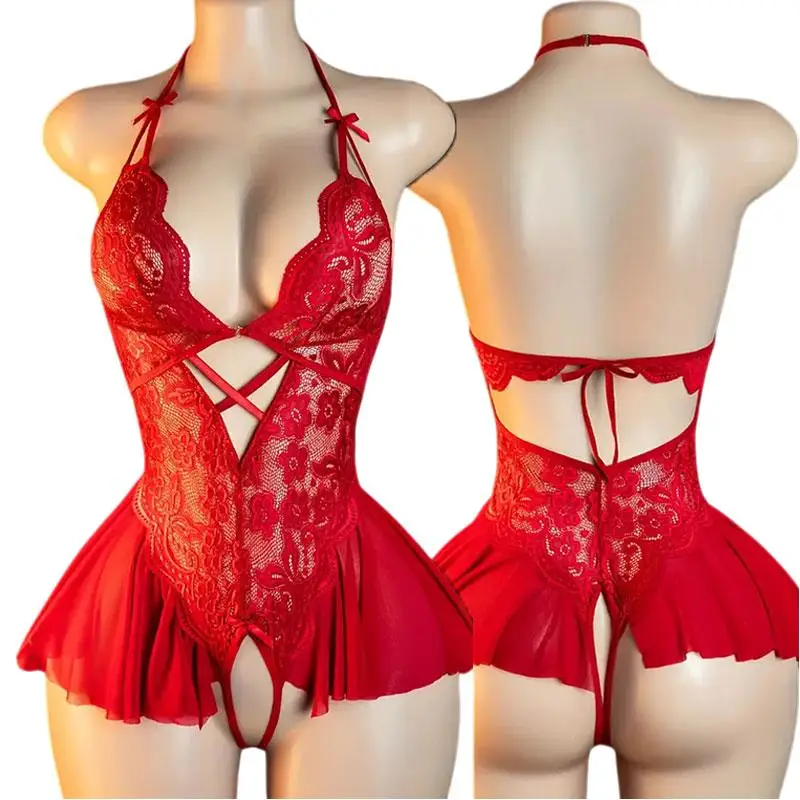 Lencería Erótica Abierta para Adultos, Diseño con Cuello Halter y Escote en V, Ropa Interior Atrevida sin Entrepierna, Body Teddy para Mujer