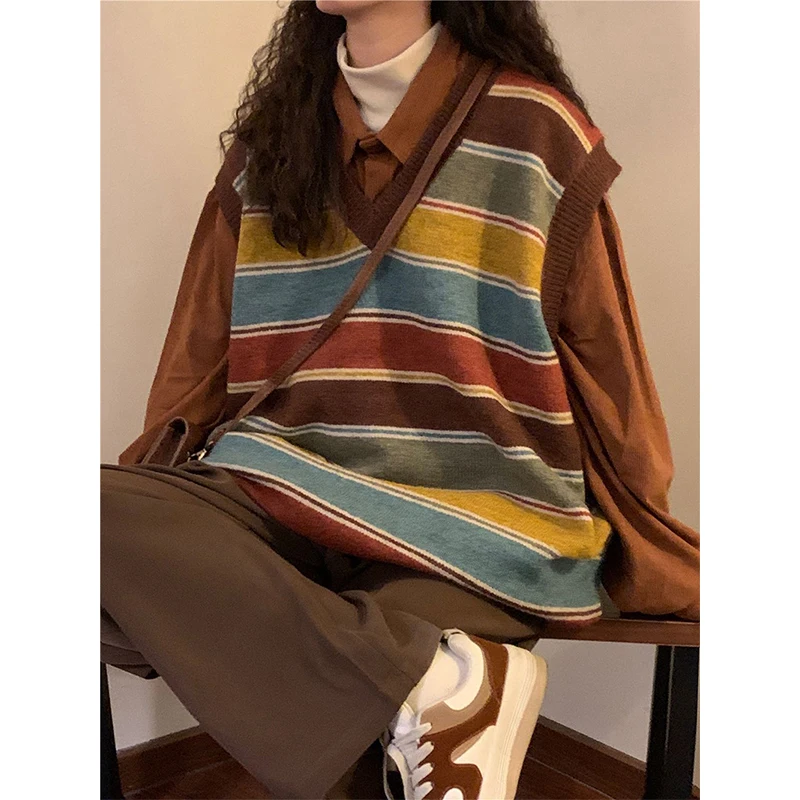 Vintage Striped Sweater Vest Women Harajuku Sleeveless Knitted Pullovers Streetwear Oversized Waistcoat Knitwear Korean Jumpers