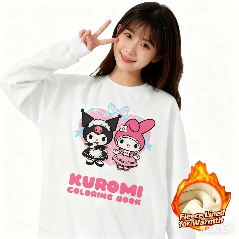 

2025 Sanrio Series Printed Crew Neck Long-Sleeve Top, Cute and Warm Fleece-Lined Crew Neck Long-Sleeve T-Shirt, 100% Cotton
