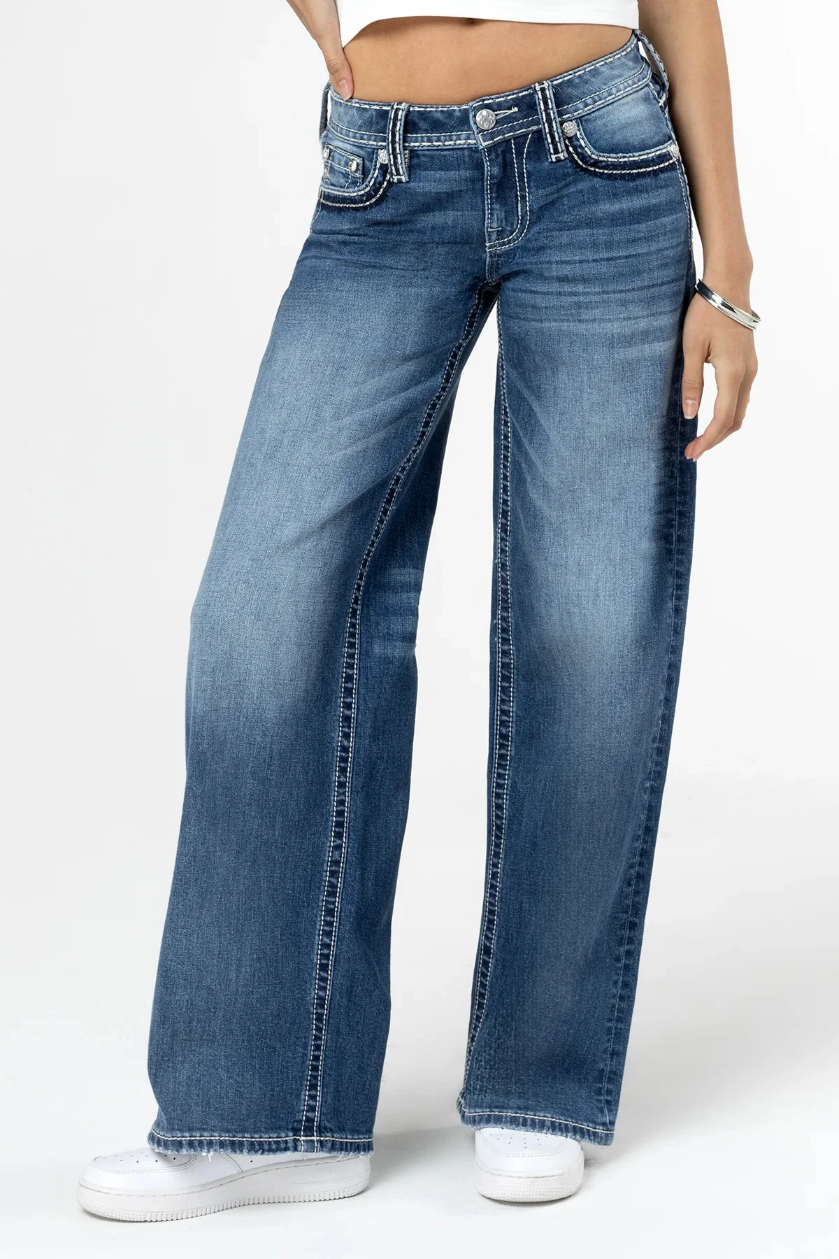 

Retro deep blue low-waist wide-leg straight-leg jeans embroidered thick thread rhinestone denim long pants