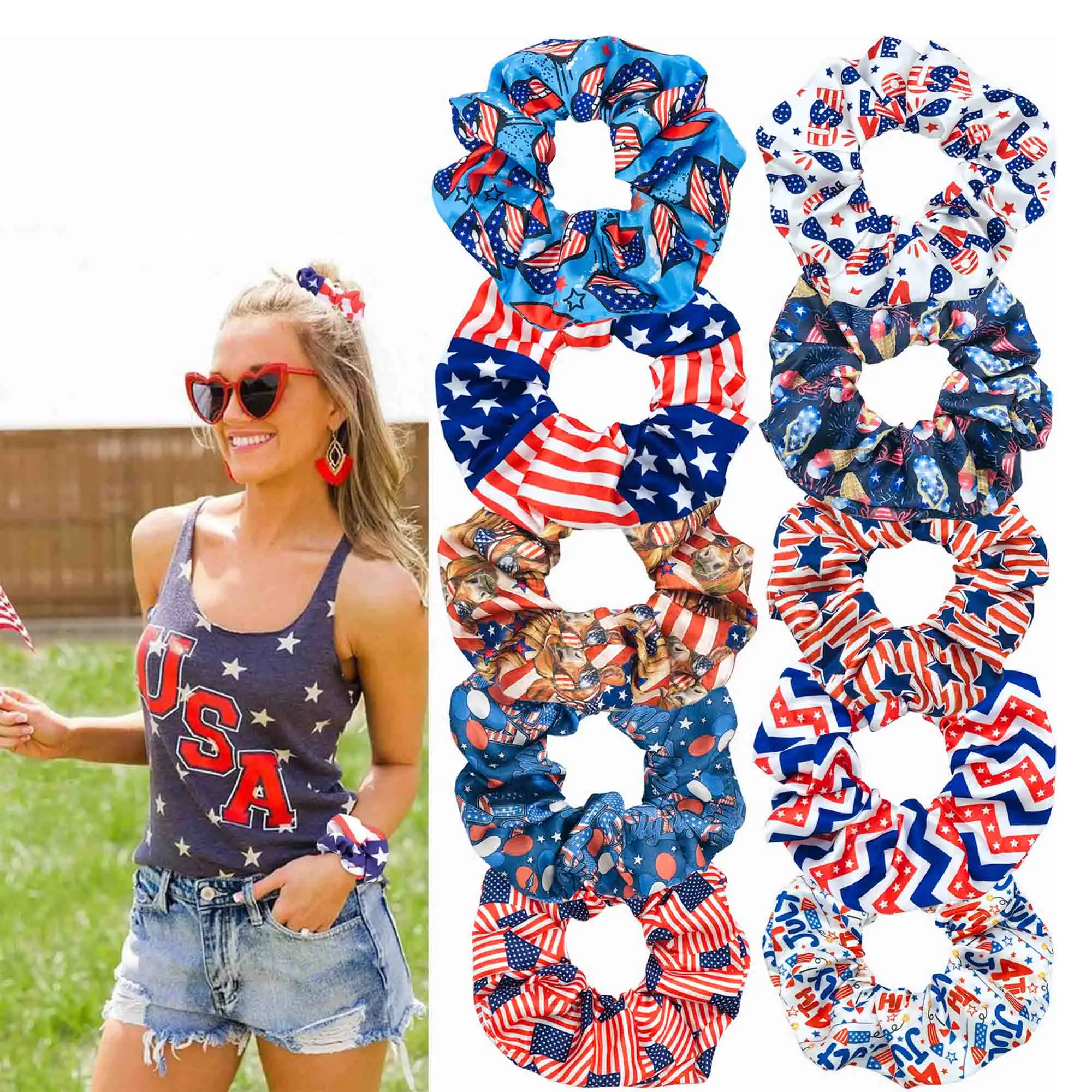 

5/20pcs 4th of July Independence Day Hair Scrunchies Wholesale Elastic Band Scrunchy Bun Girls Ponytail Holder Wholesal