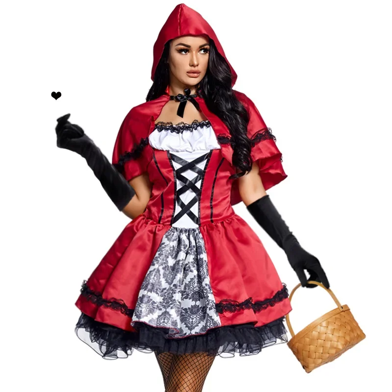 Little Red Riding Hood Cosplay Costume for Women Adult Sexy Dress Halloween Carnival Party Dress Hooded Shawl Stage Show Dress