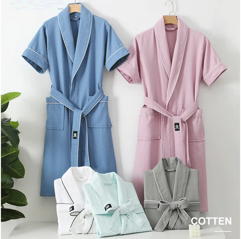 100% Cotton Waffle Bath Robe Kimono Pajamas Suck Water Waist Belt Bathrobe Spa Hotel Bridesmaid Dressing Gown Summer Sleepwear