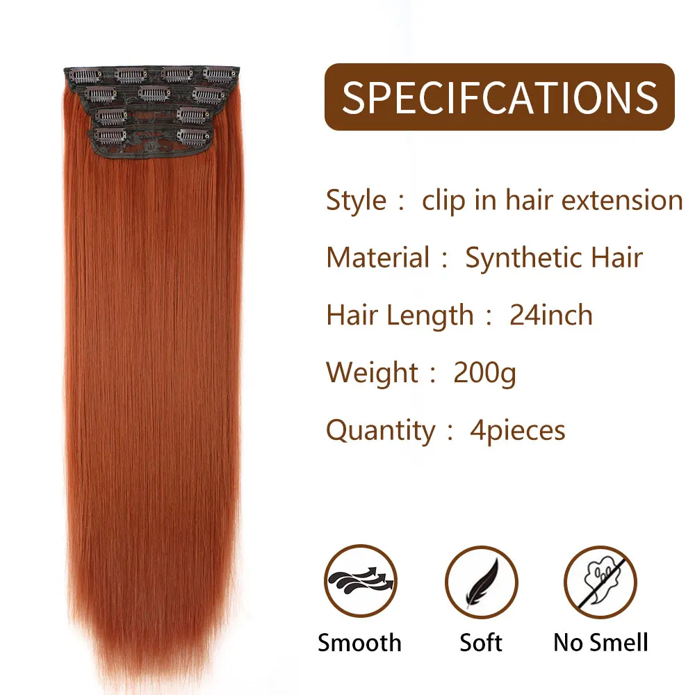Clip in Hair Extensions 24 Inch Straight 4Pcs Set 200g 11 Clips Heat Resistant Synthetic Hair for Women Copper Red Brown Natural